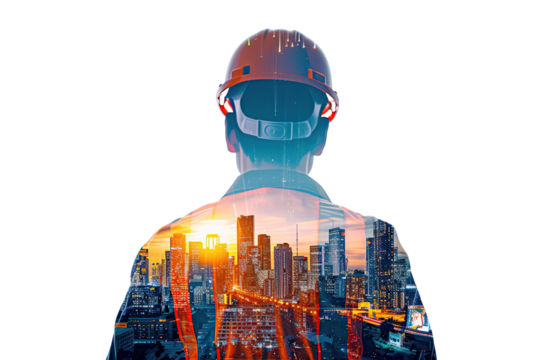 Double exposure of engineer with cityscape