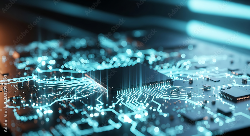 Poster a glowing blue central processor unit on a futuristic circuit board with digital light trails.