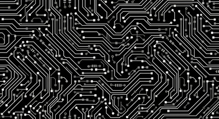 A complex white circuit board pattern with intricate electronic pathways and nodes on a black background.