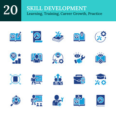 Skill Development Glyph Blue Silhouette Icon Sheet Design Vector - representing learning, training, and career growth through practical skills and professional education