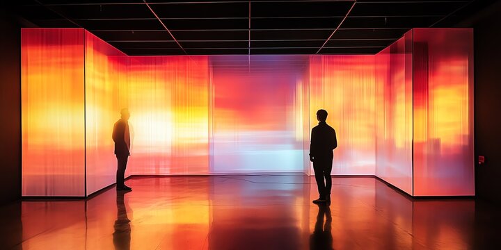 Man Contemplating Art Installation with Colorful Light