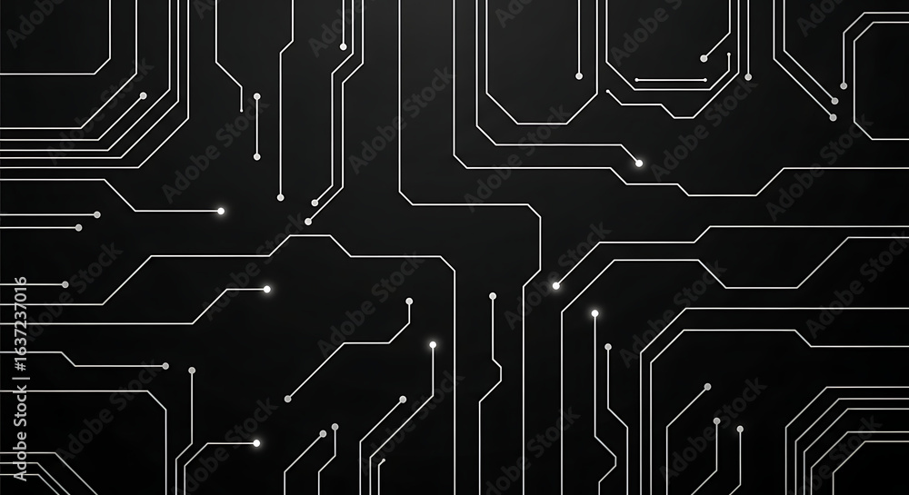 Fototapete abstract technological background with a glowing white circuit board pattern and data nodes on a dar