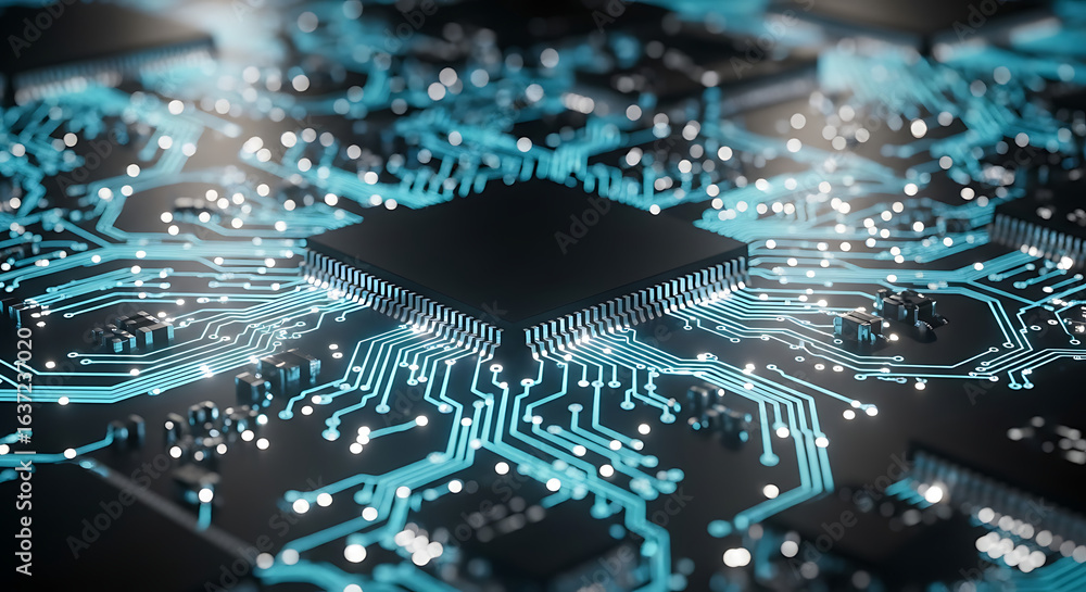 Aufkleber a central microprocessor on a circuit board with glowing blue digital pathways and light.