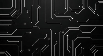 Abstract technological background with a glowing white circuit board pattern and data nodes on a dark surface.