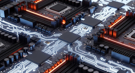 A futuristic computer motherboard with glowing blue and orange circuits connecting microchips.
