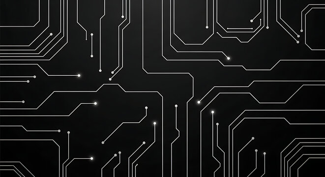 Abstract technological background with a glowing white circuit board pattern and data nodes on a dark surface.