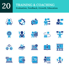 Training & Coaching Glyph Blue Silhouette Icon Sheet Vector Design - representing , evaluation, skill development, feedback, growth, skill building, and education