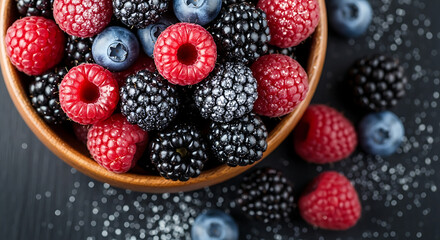 A wooden bowl filled with fresh raspberries blackberries and blueberries on a dark surface sprinkled with sugar