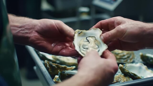Oyster Shucking Process At Seafood Processing Facility Featuring Worker Opening Oyster Shells Using Handheld Tools