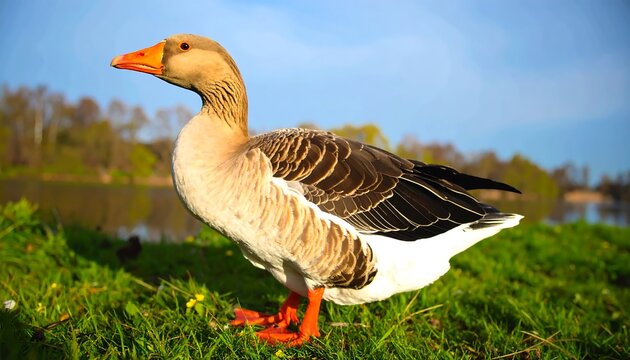 A gray goose standing in grass near a lake