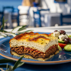 Classic Greek Moussaka Dish with Feta Salad on a Blue Plate