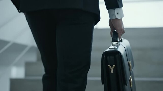Businessman in a dark suit carrying a luxury leather briefcase with a gold Y logo walks up stairs A concept of corporate ambition career and modern success