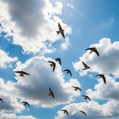 Obraz premium Swallows gracefully ascend through the azure sky, amidst fluffy white clouds