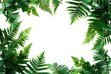 A vibrant frame of fern leaves, arranged around a black center. Lush green foliage with detailed textures