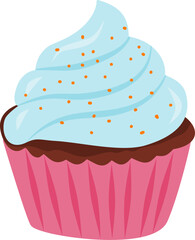 Light blue swirl frosting cupcake topped with orange sprinkles in a pink wrapper.