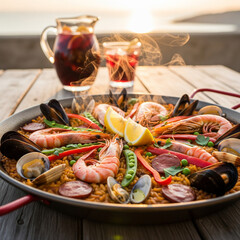 Steaming Seafood Paella with Mussels, Shrimp, and Lemon on a Rustic Table