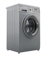 Modern, silver-gray washing machine.  Features a control panel, drum, and vertical design