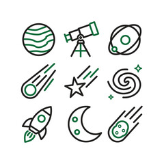 Space and Astronomy Line Art Icons Set with Planets, Telescope, Rocket, and Cosmic Elements on Isolated White Background
