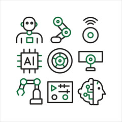 Artificial Intelligence and Robotics Line Art Icons Set with Robots, AI Chips, and Automation Technology on Isolated White Background