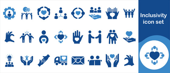 Inclusion icon set, service, success, successful, fun, open, tools, harmony, assortment, ethnicity, human rights, global, diverse, ownership, personality and more