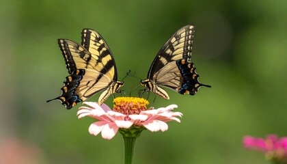 Obraz premium Yellow swallowtail butterfly on a flower closeup. Butterfly on a violet flower. Close-up of butterfly pollinating on flower. Two monarch butterflies feeding on a pink cone flower. 