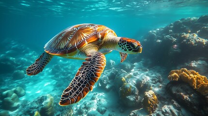 Obraz premium Vibrant underwater scene: sea turtle swimming over coral reef with detailed brown and orange shell, unique patterns on head and flippers; bright turquoise water with deeper blue background, sunlight p
