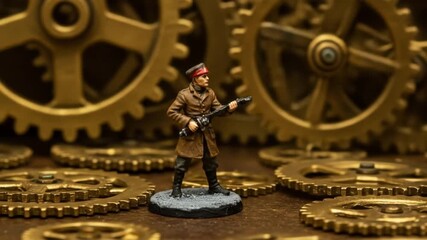 Miniature soldier figure standing amongst golden gears holding a machine gun in a steampunk setting - Powered by Adobe