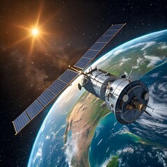 Satellite orbiting planet earth with sun in the background