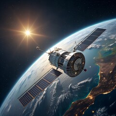 Satellite in orbit around earth with sun flare