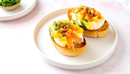 Two toasted bread slices topped with eggs, mango, and salmon