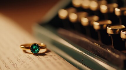 Naklejka premium A close-up of an elegant gold ring with a green gemstone resting beside a vintage typewriter on aged paper