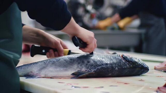 Precise Filleting of Silver Skin Fish with Serrated Knife on White Table at Seafood Processing Plant