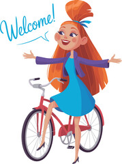 Cartoon girl with orange hair, blue dress and jacket, standing on red bicycle, arms outstretched, welcome speech bubble illustration