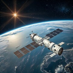 Satellite in orbit around planet earth with sun flare