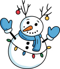 Festive snowman cartoon with antlers, colorful lights and ornaments, blue scarf and mittens, winter holiday character vector, cheerful clipart