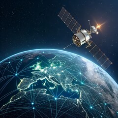 Satellite in orbit above earth with global network connections