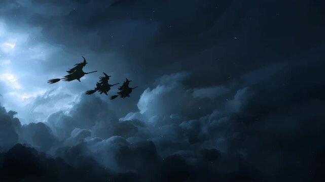 Mysterious witch group silhouette flying on broomstick in dark cloudy night sky