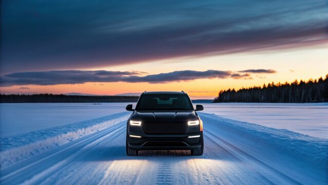 A black suv driving on a snowy road at dusk, with headlights on, surrounded by a winter forest and a dramatic sunset sky - Powered by Adobe