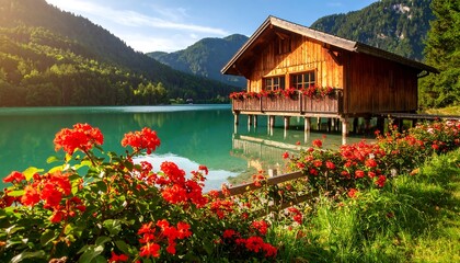 Lakeside cabin, vibrant flowers, serene mountain view