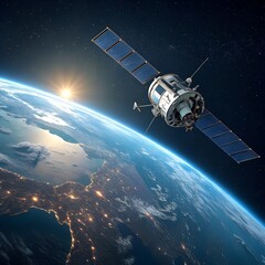 Satellite orbiting earth with sun and city lights