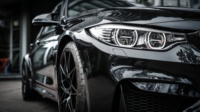 Sleek and luxurious black car, capturing speed, innovation, and elegance. The image focuses on the front section of the car, highlighting the headlights, grill, and wheels