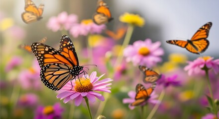 Monarch butterflies flutter around a field of colorful flowers. One is perched on a pink daisy. A vibrant and peaceful scene of nature in full bloom.