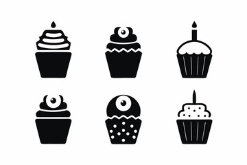 set of cupcake with eyeball icon silhouette vector illustration