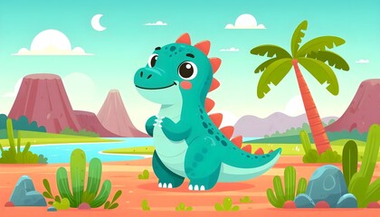 Bright and playful cartoon dinosaur in prehistoric setting with flat vector art
