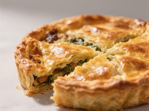 Close-up view of patsa, Greek savory pie, golden crust,  meat pie,  offal