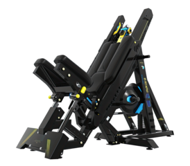 Black and blue home gym machine.  Adjustable angled seat.  Complex  mechanism.  Sleek design