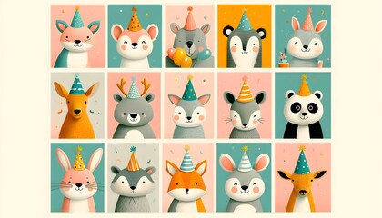 Obraz premium Minimal pastel animal faces with festive hats in clean grid arrangement on white background