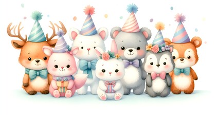 Fototapeta premium Playful watercolor animals in colorful party hats for joyful pastel birthday celebration