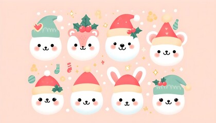 Fototapeta premium Pastel animal faces in kawaii style with party hats and clean playful design