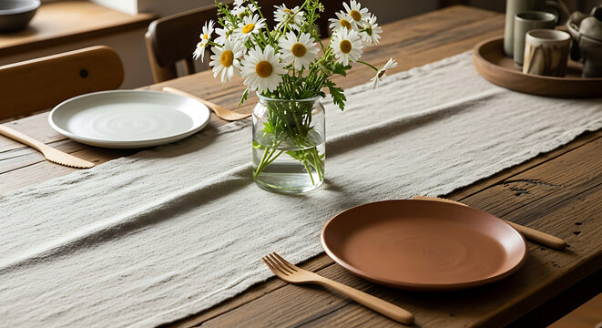 Rustic dining table setting with daisies in a glass vase ceramic plates and wooden cutlery on a linen runner. - Powered by Adobe